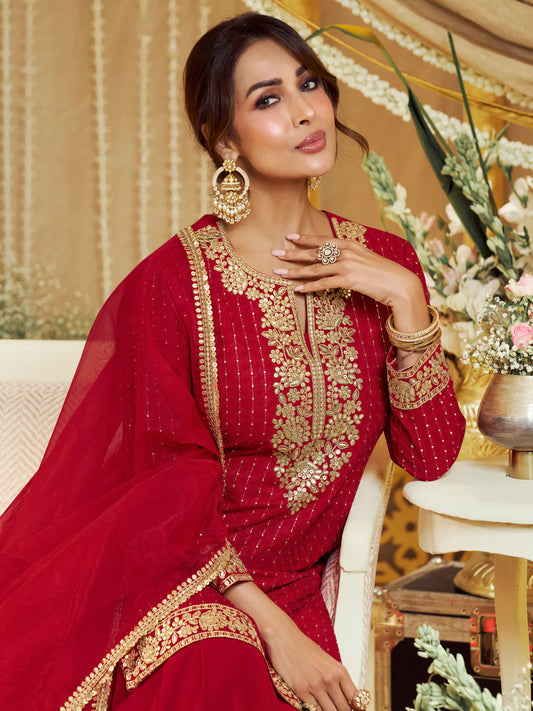 Floral Zari Embroidered Straight Kurta Set with Dupatta (Malaika Style)