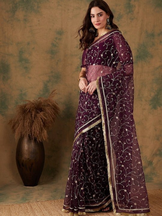 Floral Zari Jaal Embroidered Sarees