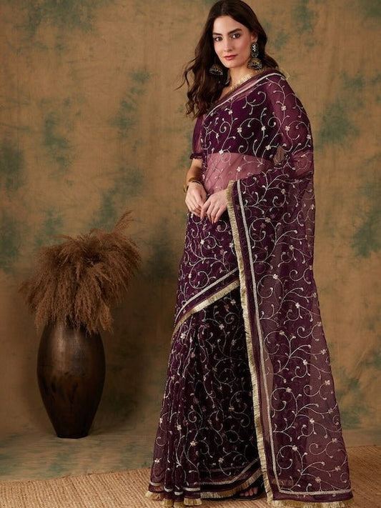Floral Zari Jaal Embroidered Sarees