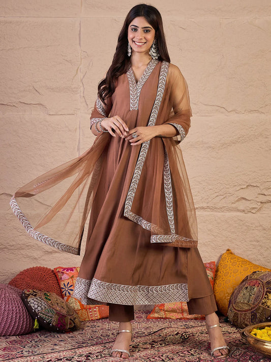 Floral Zari & Sequinned Embroidered Anarkali Kurta Set with Dupatta-