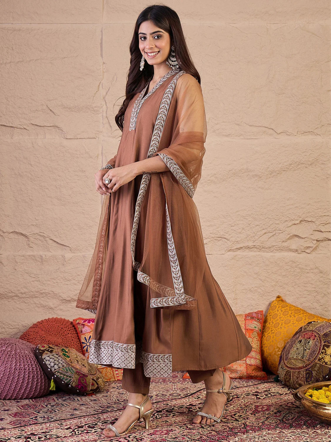 Floral Zari & Sequinned Embroidered Anarkali Kurta Set with Dupatta-