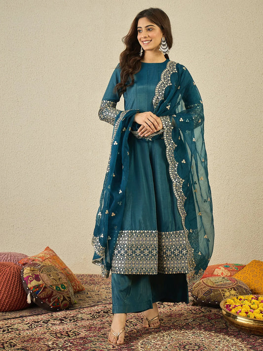 Floral Zari and Sequinned Embroidered Anarkali Kurta Set with Dupatta