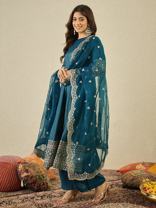 Floral Zari and Sequinned Embroidered Anarkali Kurta Set with Dupatta