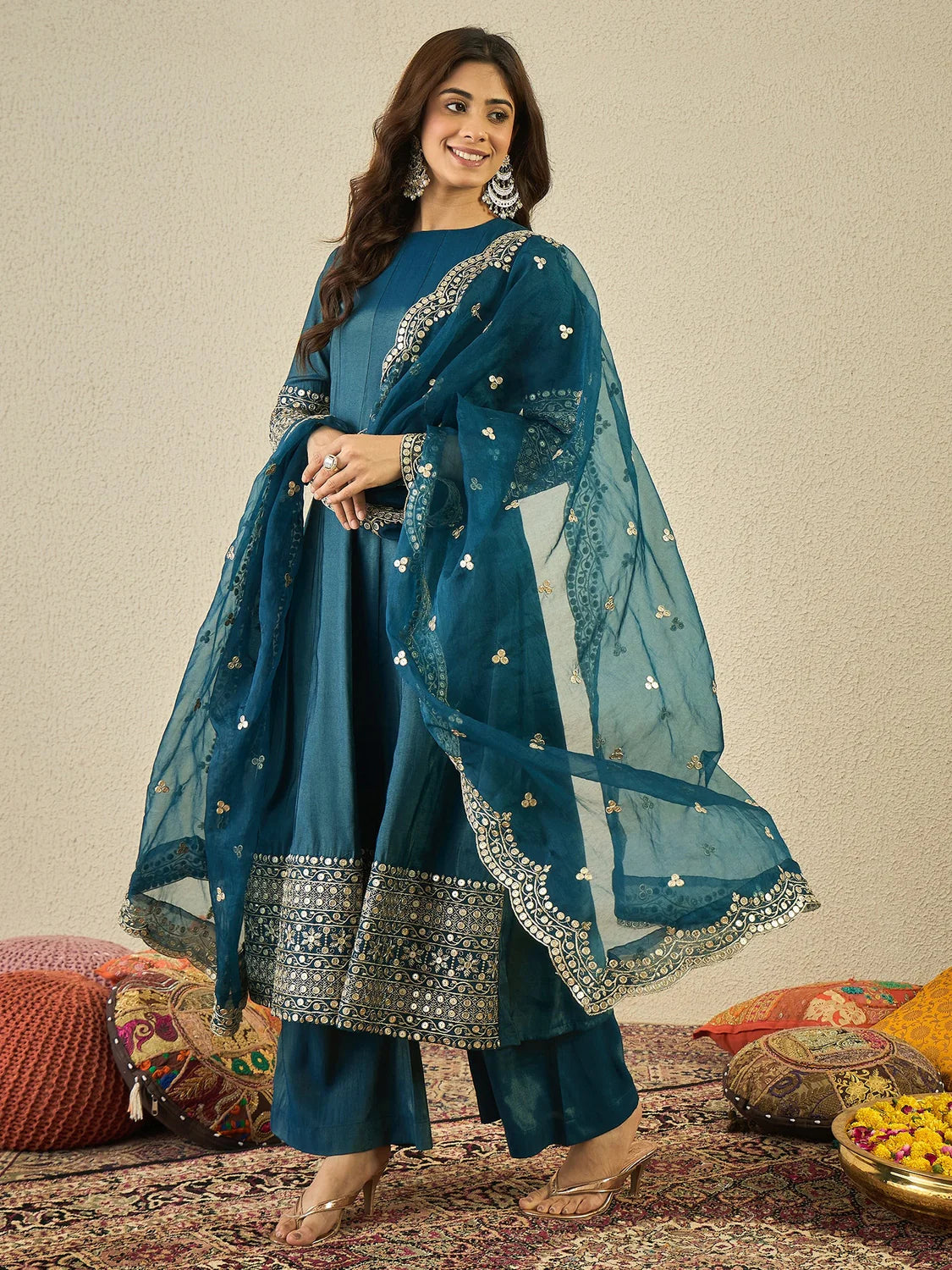 Floral Zari and Sequinned Embroidered Anarkali Kurta Set with Dupatta