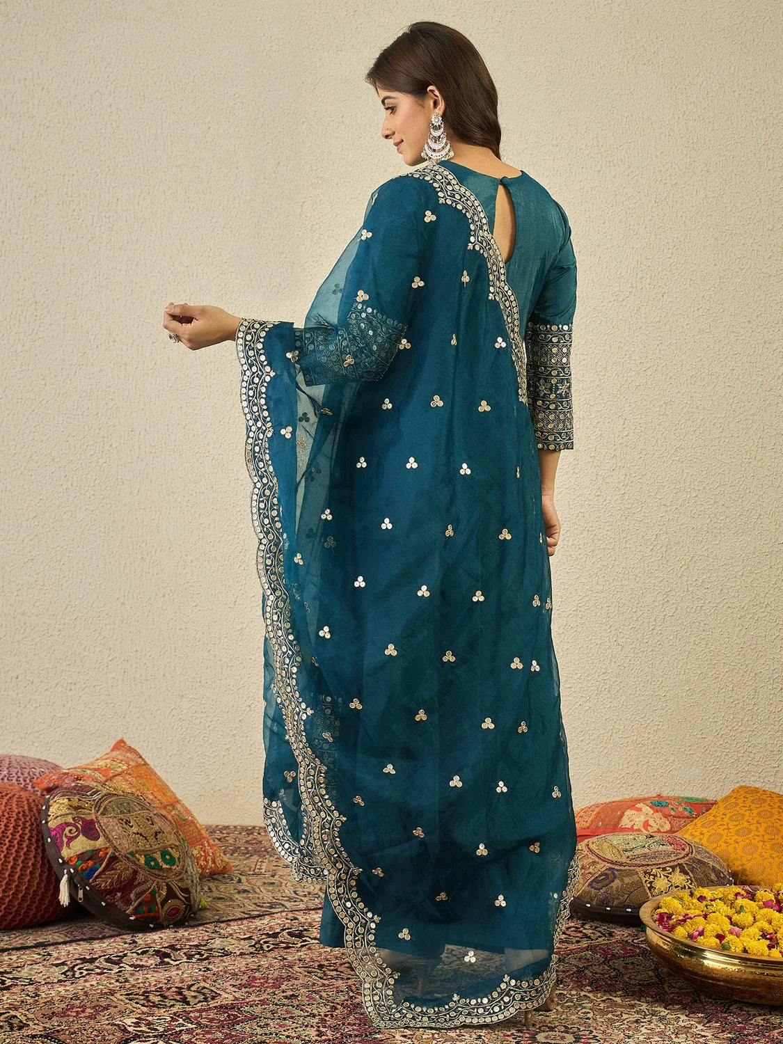 Floral Zari and Sequinned Embroidered Anarkali Kurta Set with Dupatta