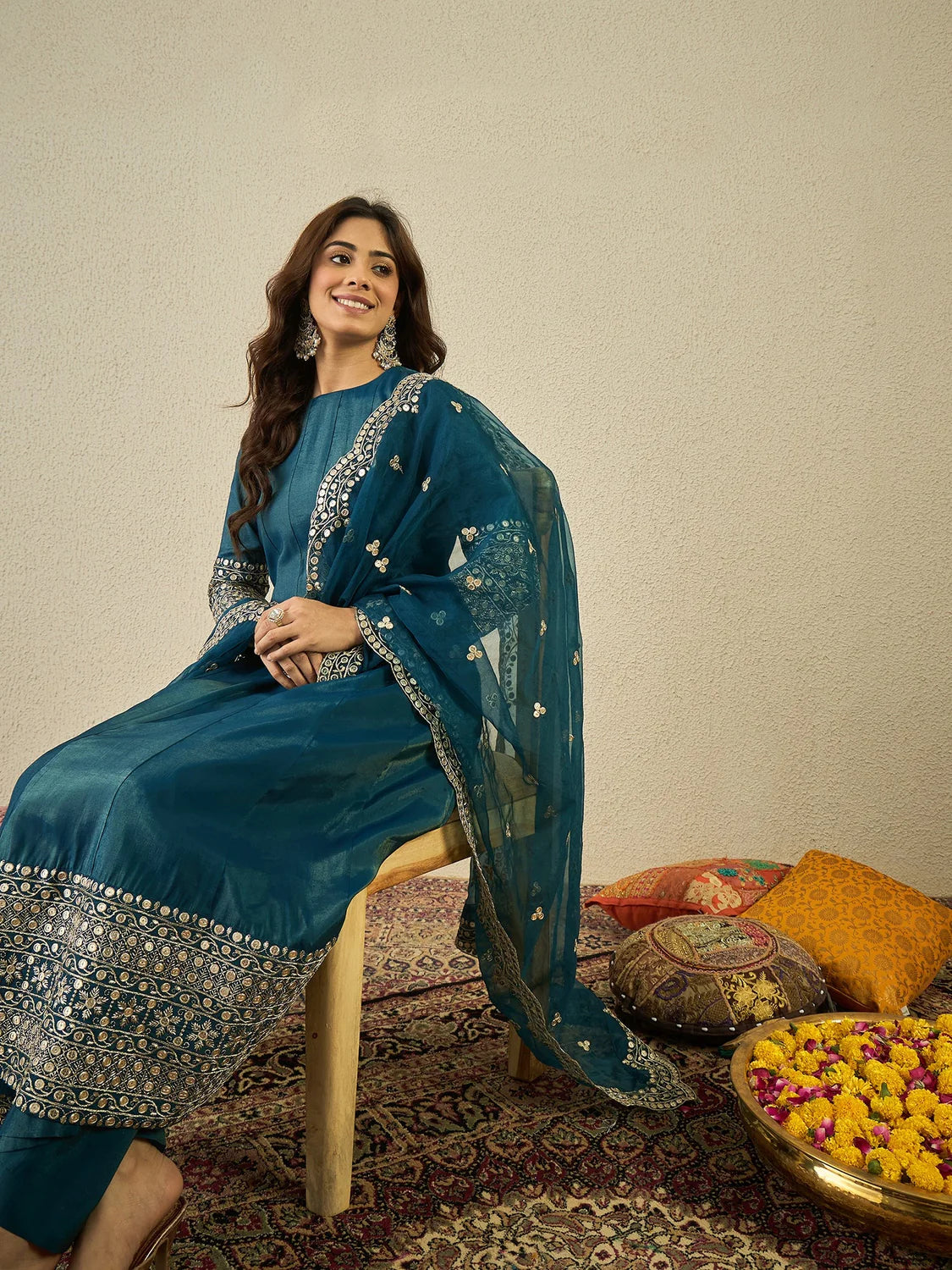 Floral Zari and Sequinned Embroidered Anarkali Kurta Set with Dupatta