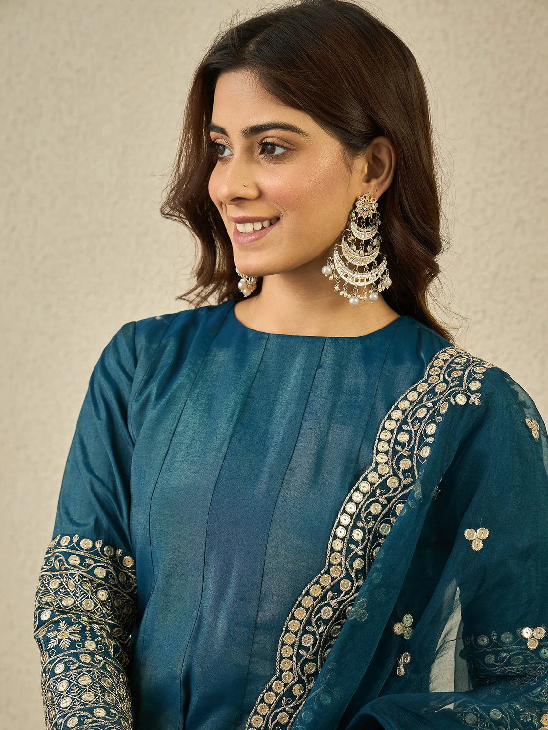 Floral Zari and Sequinned Embroidered Anarkali Kurta Set with Dupatta
