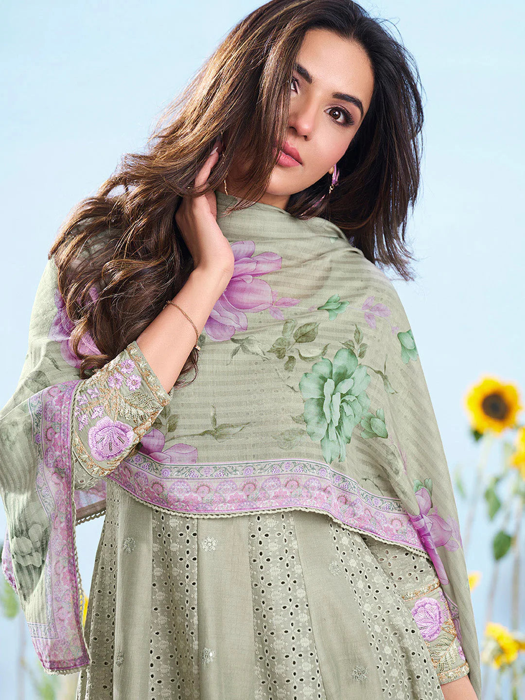 Green & Levender Emroidered Chikankari Anarkali Kurta & Trousers With Dupatta (Jasmin Bhasin Style)