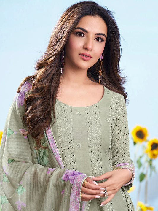 Green & Levender Emroidered Chikankari Anarkali Kurta & Trousers With Dupatta (Jasmin Bhasin Style)
