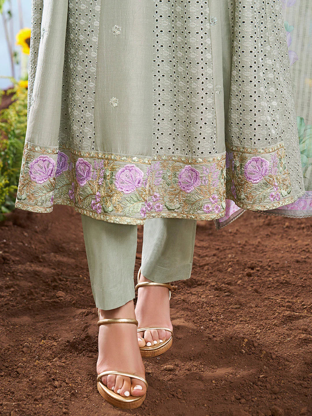 Green & Levender Emroidered Chikankari Anarkali Kurta & Trousers With Dupatta (Jasmin Bhasin Style)