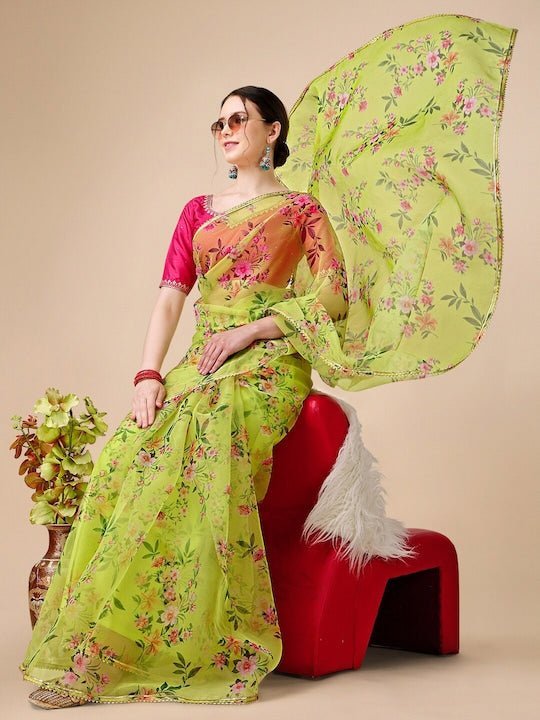 Floral Printed Gotta Patti Organza Saree