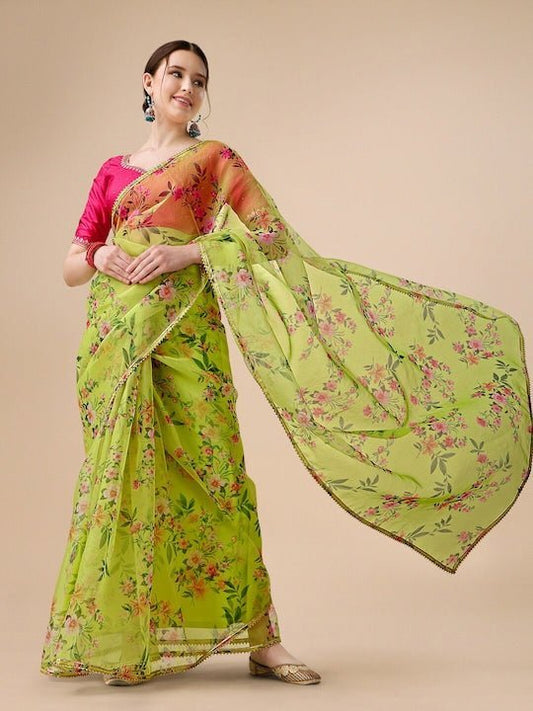 Floral Printed Gotta Patti Organza Saree