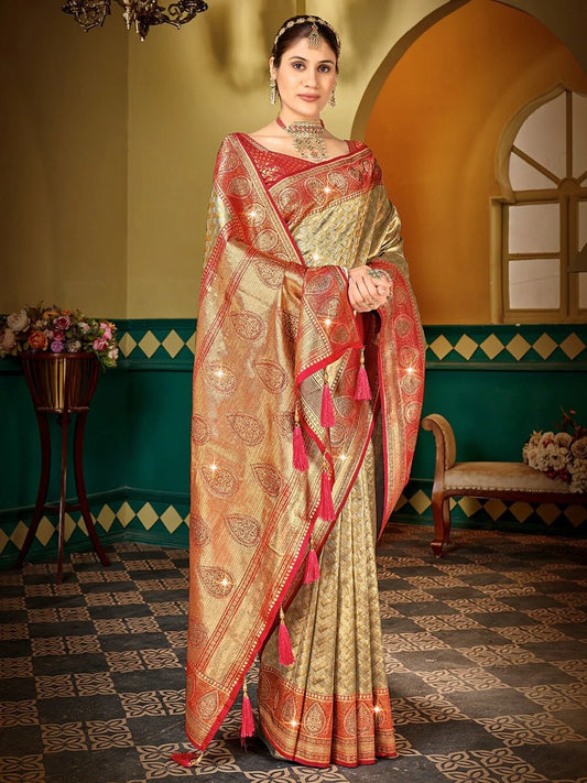 Silk Zari Woven Traditional Saree With Swaroski Diamonds (GOLD SOFT)