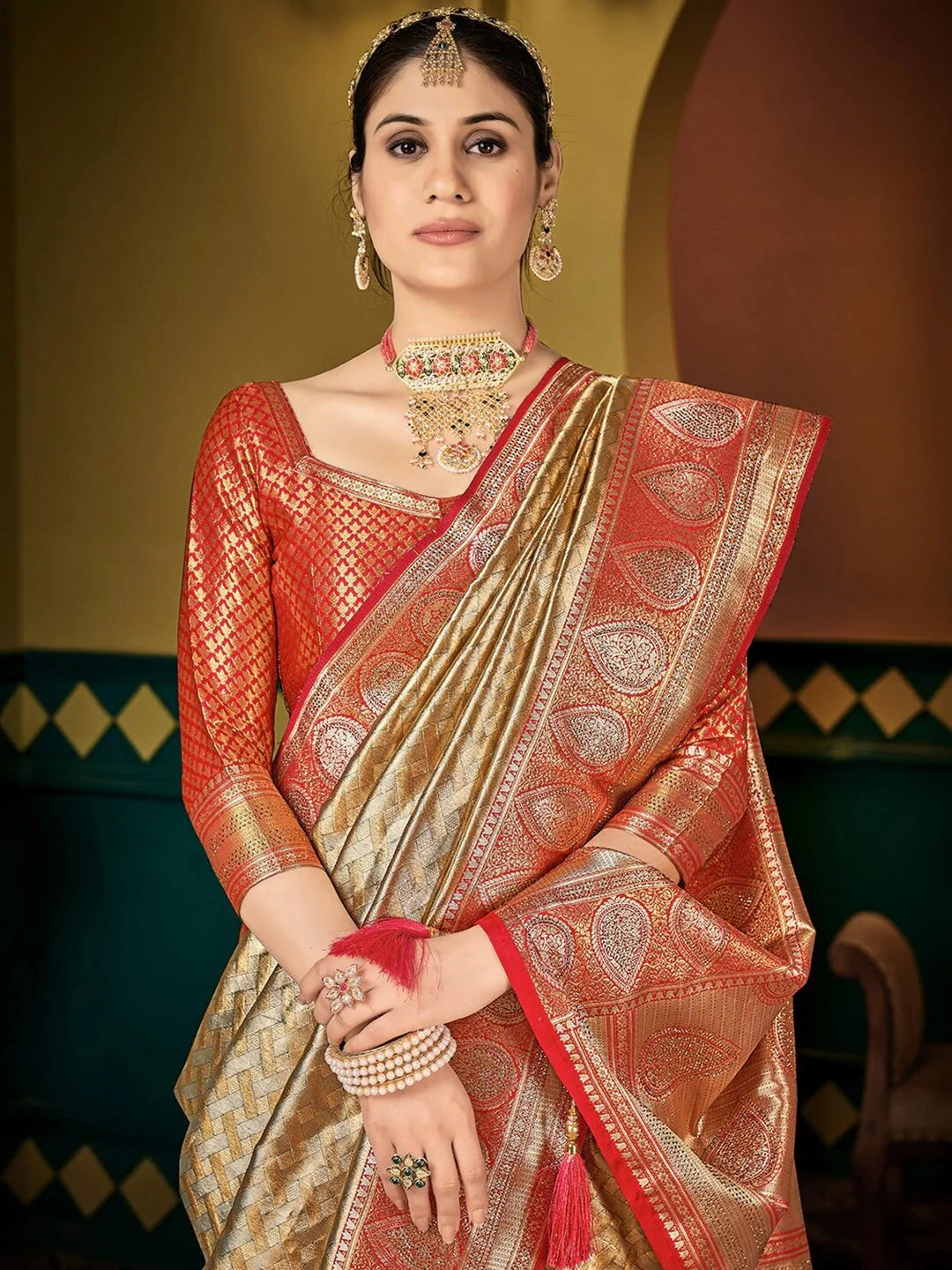 Silk Zari Woven Traditional Saree With Swaroski Diamonds (GOLD SOFT)