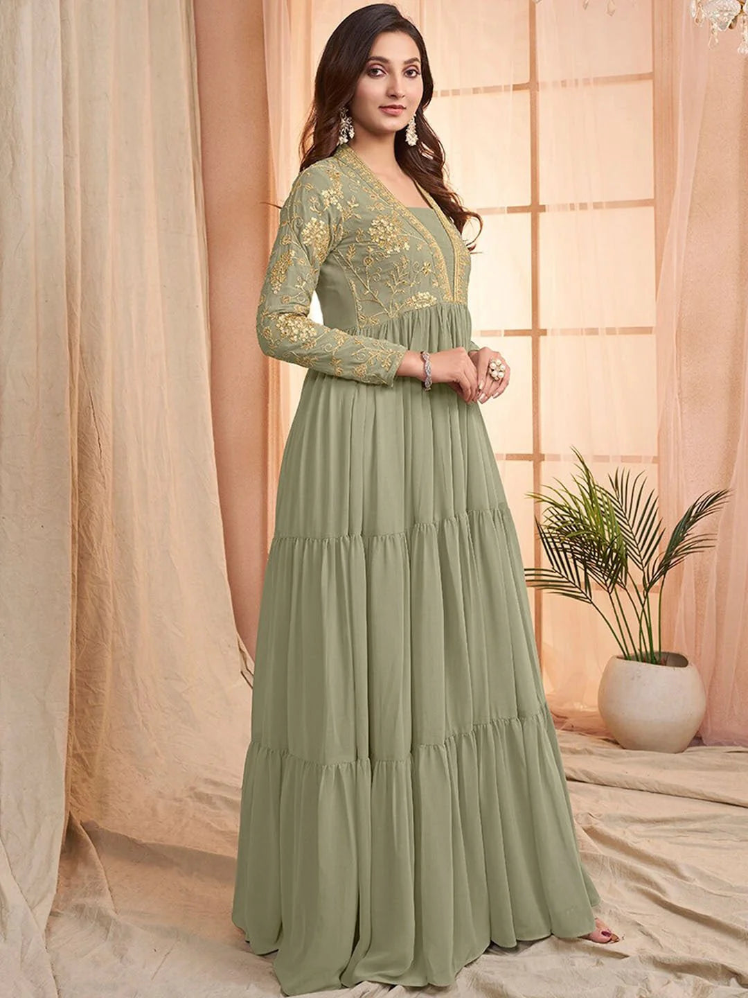 Green Sequins and Embroidered Tiered Maxi Dress