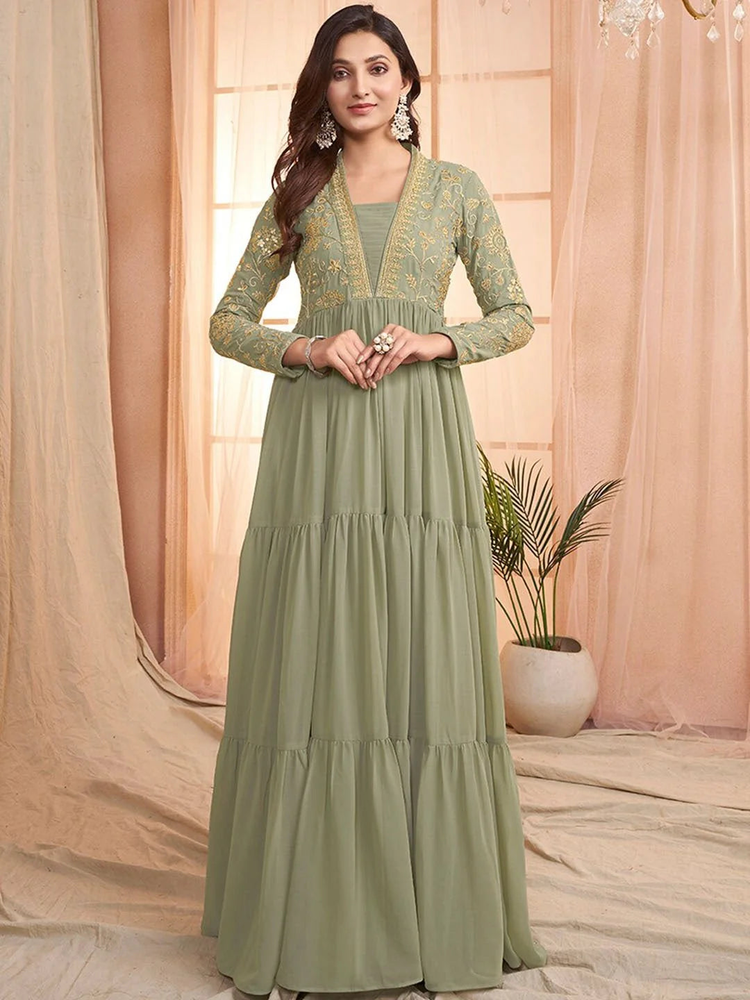 Green Sequins and Embroidered Tiered Maxi Dress