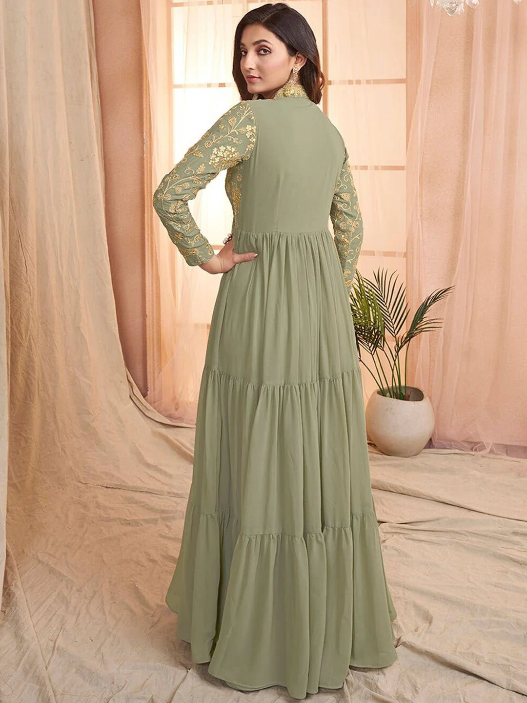Green Sequins and Embroidered Tiered Maxi Dress