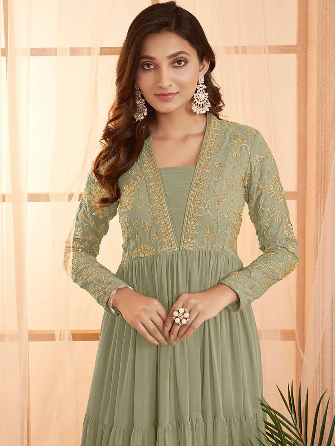 Green Sequins and Embroidered Tiered Maxi Dress