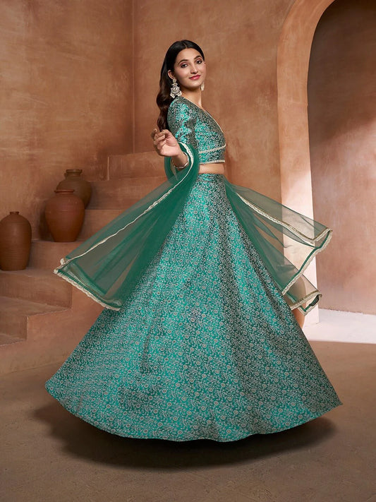 Green & White Woven Design Semi-Stitched Lehenga & Unstitiched Blouse With Dupatta