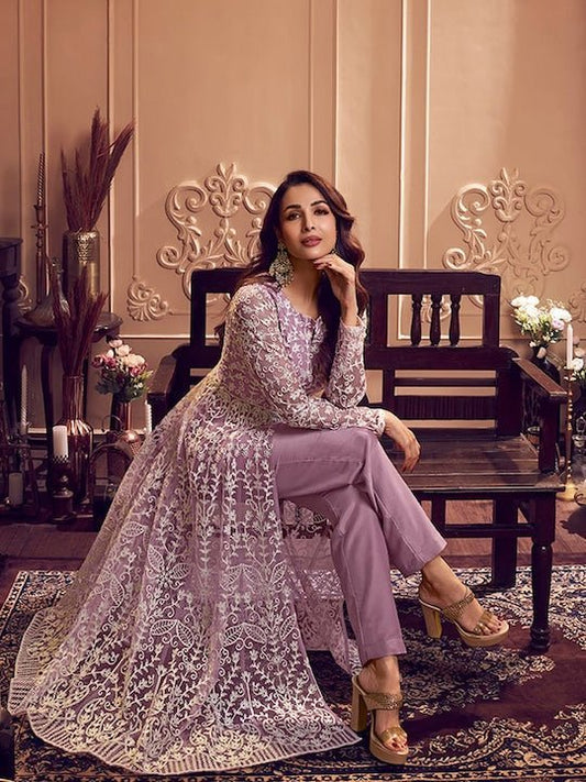 Lavender Floral Embroidered Keyhole Neck Long Sleeve High Slit Thread Work Kurta Set