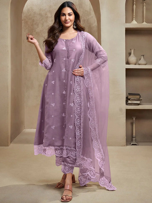 LAVENDER FLORAL EMBROIDERED REGULAR THREAD WORK A-LINE KURTA WITH TROUSERS & DUPATTA