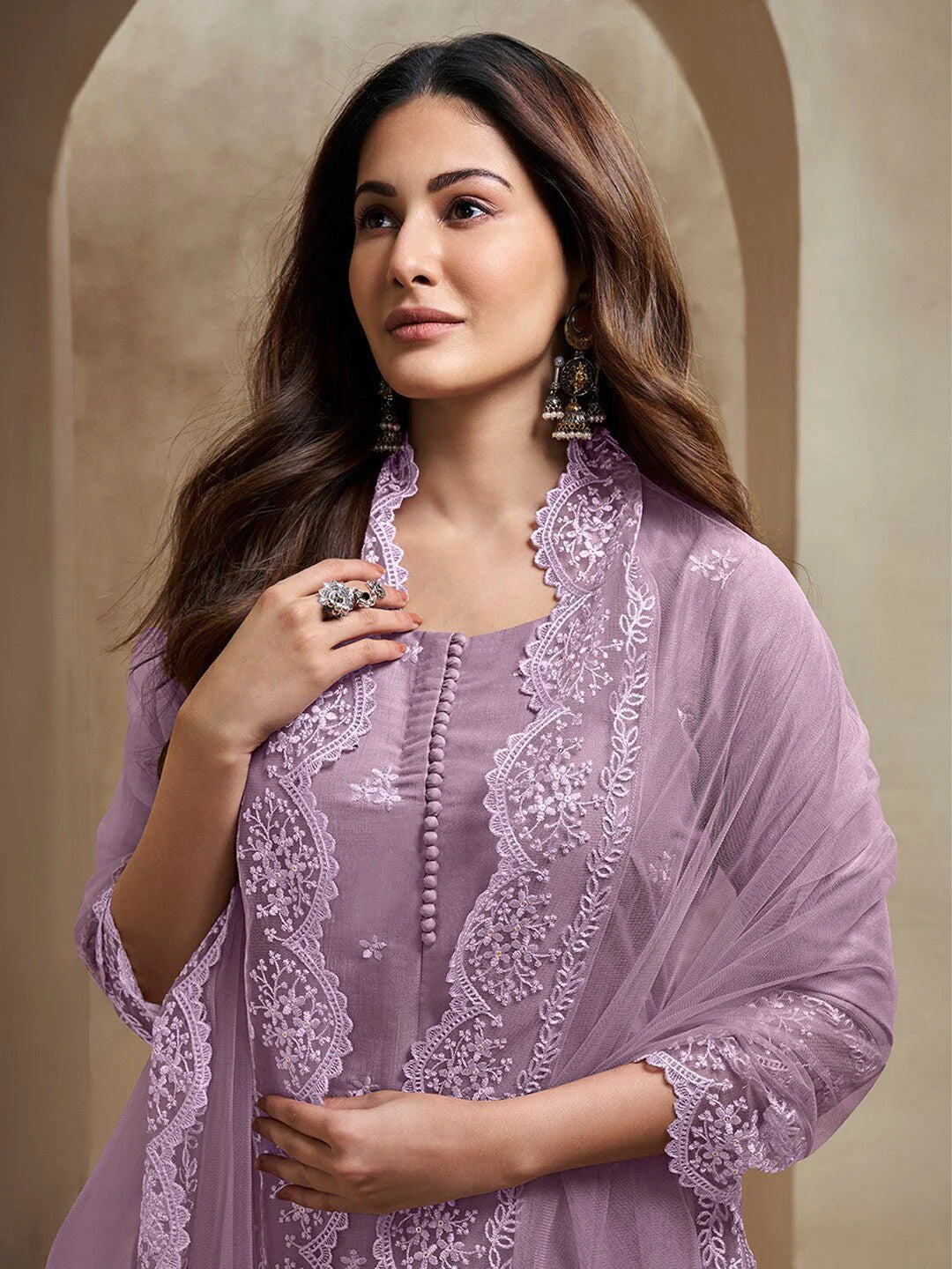 LAVENDER FLORAL EMBROIDERED REGULAR THREAD WORK A-LINE KURTA WITH TROUSERS & DUPATTA