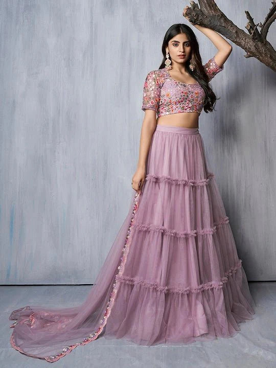Lavender Embroidered Thread Work Semi-Stitched Lehenga & Unstitched Blouse With Dupatta
