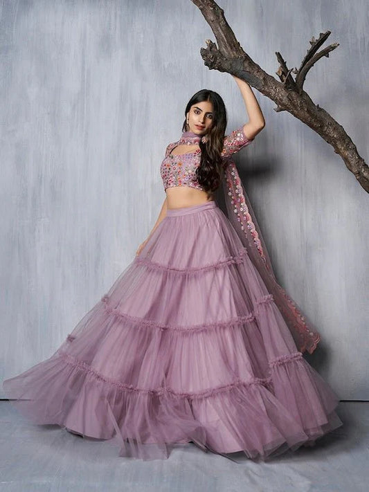 Lavender Embroidered Thread Work Semi-Stitched Lehenga & Unstitched Blouse With Dupatta