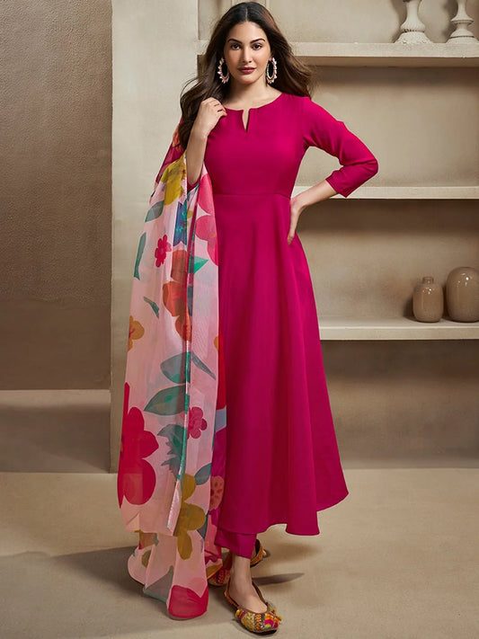Magenta Notch Neck Floral Regular Pure Silk Anarkali Kurta With Trousers & Dupatta ( Amyra Dastur Style)