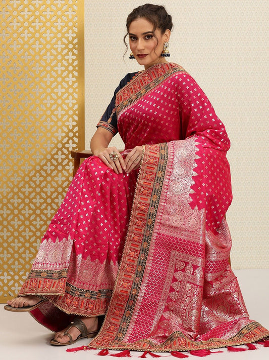 Traditional Banarasi Saree With Embroidered Border & Blouse Piece