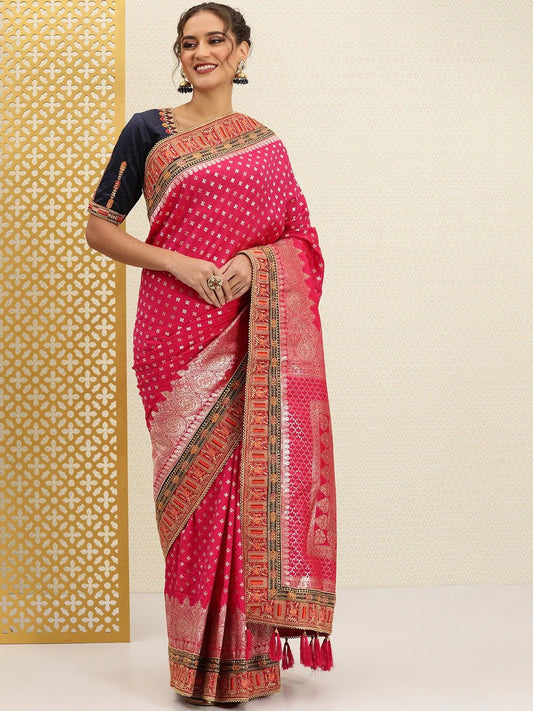 Traditional Banarasi Saree With Embroidered Border & Blouse Piece