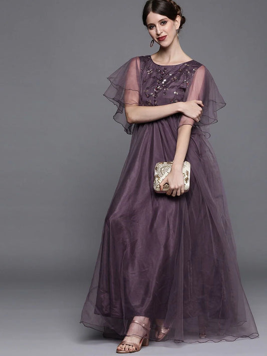 Mauve Net Embroidered Maxi Dress