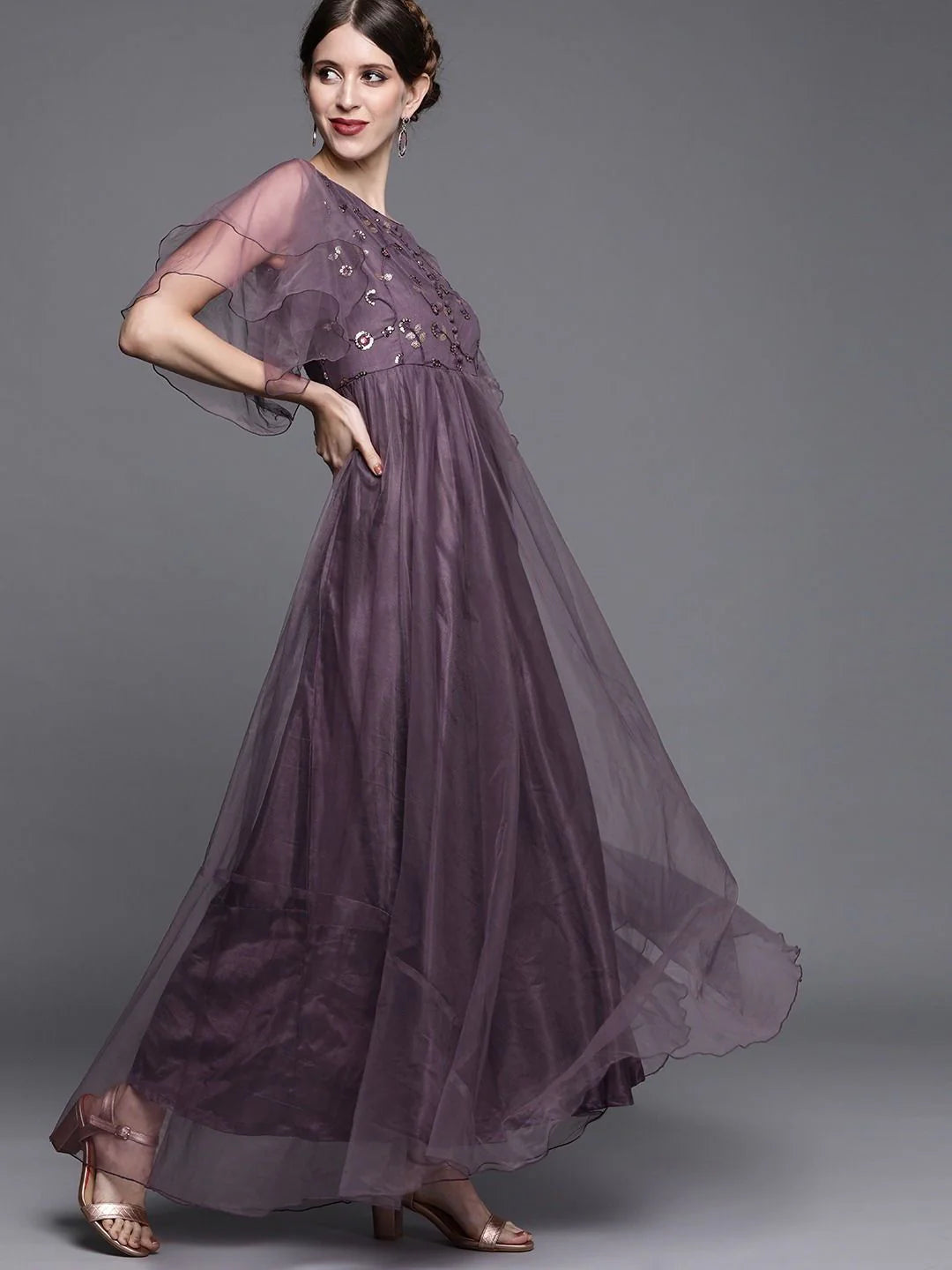 Mauve Net Embroidered Maxi Dress