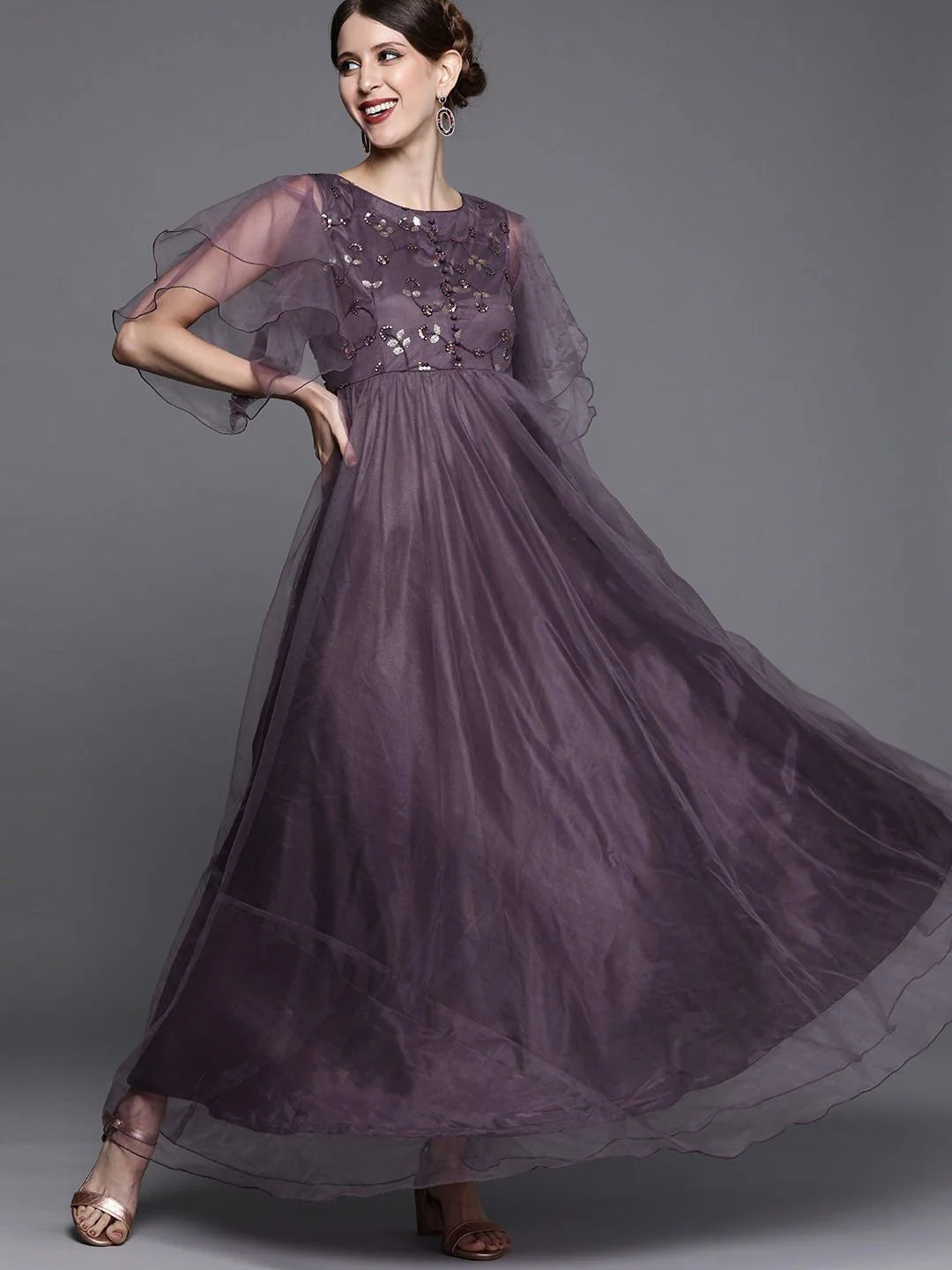 Mauve Net Embroidered Maxi Dress