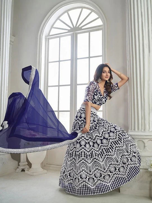Navy Blue Emboidered Net Semi-Stitched Lehenga & Unstitched Blouse With Dupatta