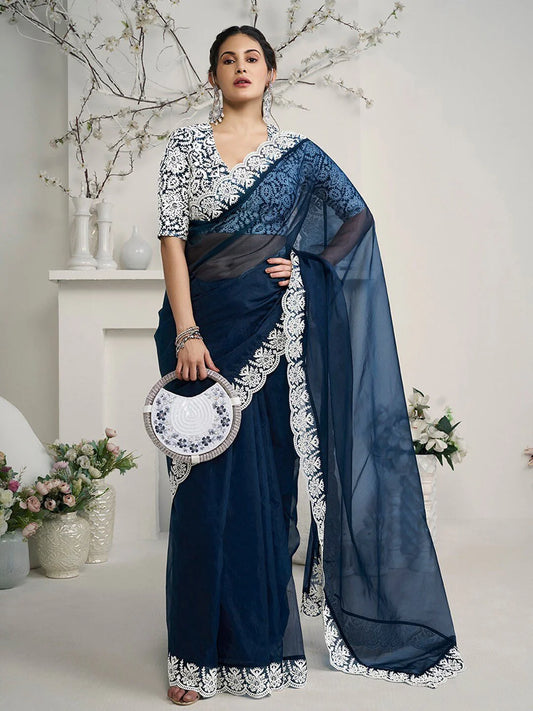 Navy Blue Embroidered Woven Design Organza Saree (Amyra Dastur Style)