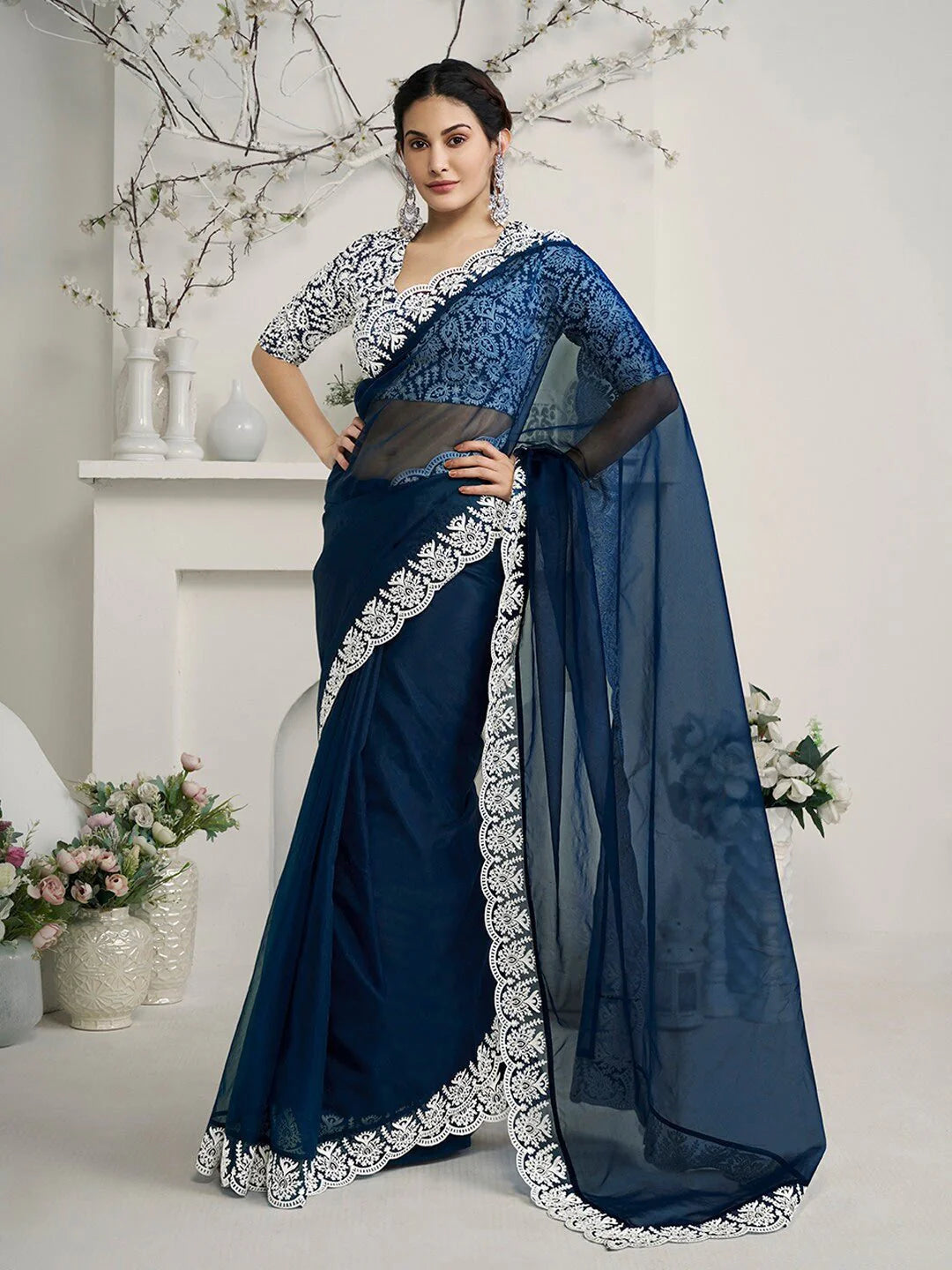 Navy Blue Embroidered Woven Design Organza Saree (Amyra Dastur Style)