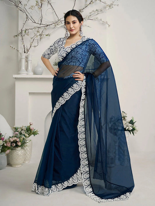 Navy Blue Embroidered Woven Design Organza Saree (Amyra Dastur Style)