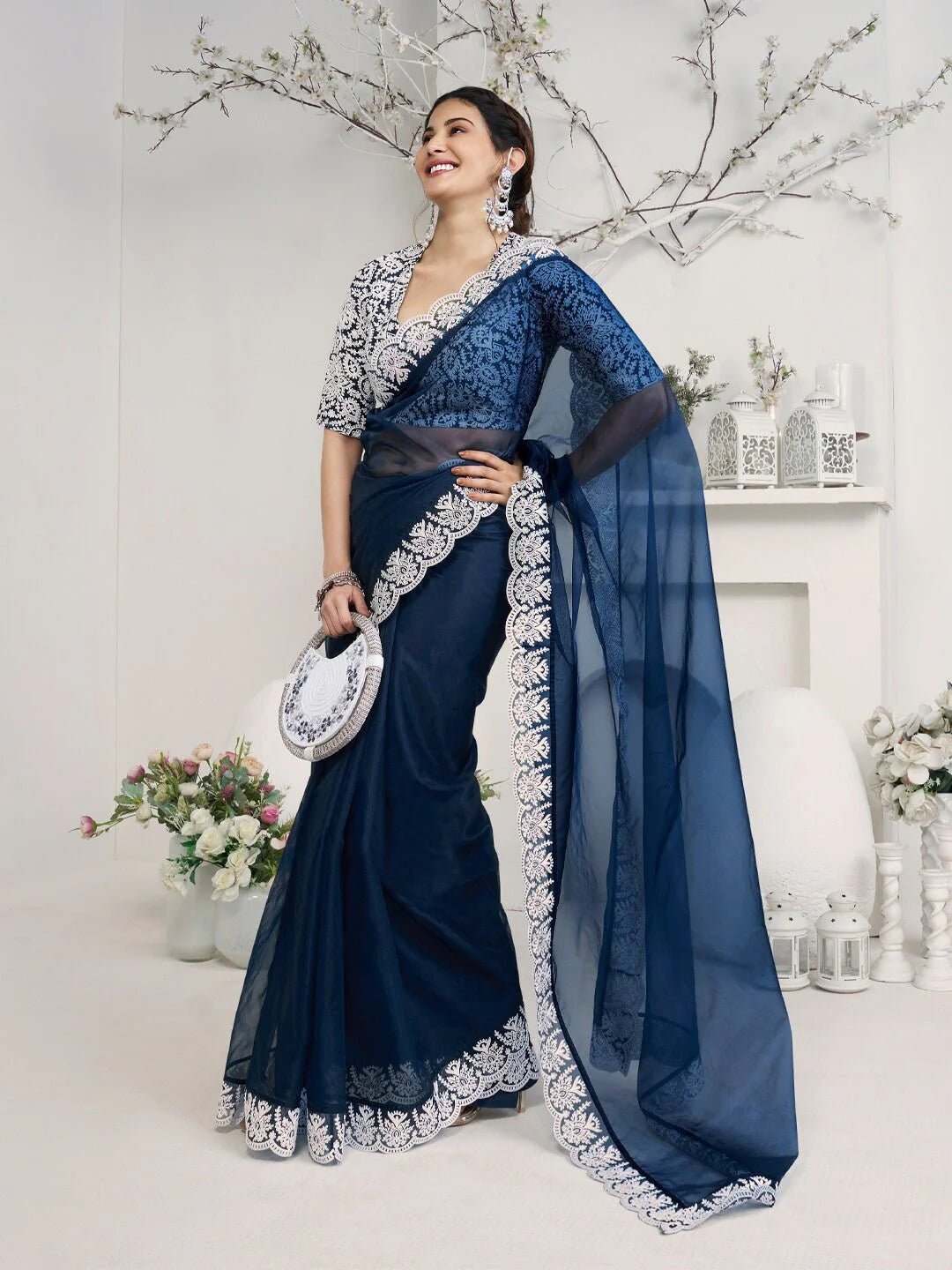 Navy Blue Embroidered Woven Design Organza Saree (Amyra Dastur Style)