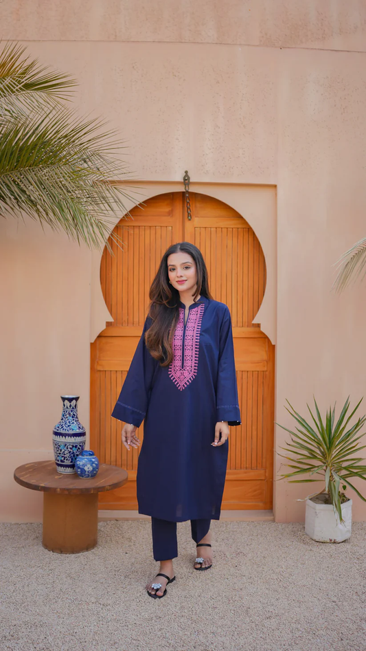 Navy Blue Kurta Set with Pink Embroidery