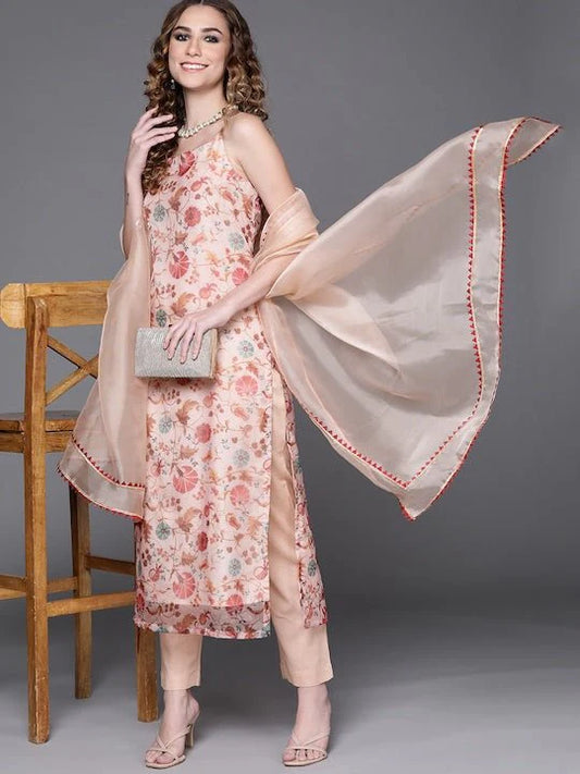 OFF WHITE ORGANZA DIGITAL PRINT KURTA WITH PANTS AND DUPATTA