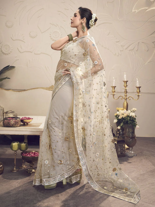 Off white and Gold Toned Embellished Sequinned Net Saree (Malaika Arora Style)