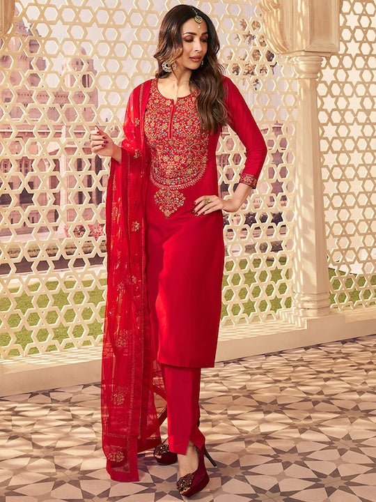 PURE SILK KURTA WITH TROUSERS & DUPATTA (FLORAL SEQUINNED YOKE DESIGN)