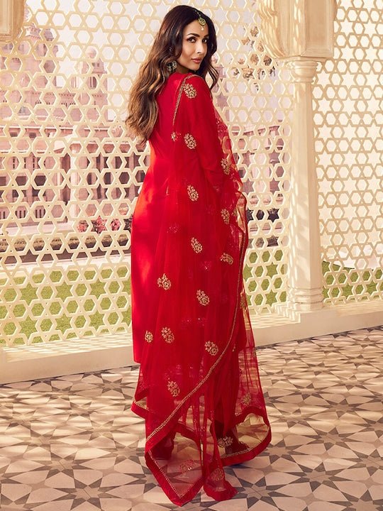 PURE SILK KURTA WITH TROUSERS & DUPATTA (FLORAL SEQUINNED YOKE DESIGN)