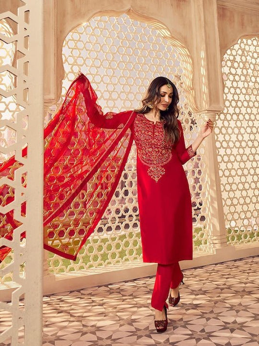 PURE SILK KURTA WITH TROUSERS & DUPATTA (FLORAL SEQUINNED YOKE DESIGN)