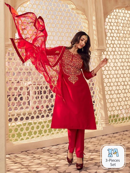 PURE SILK KURTA WITH TROUSERS & DUPATTA (FLORAL SEQUINNED YOKE DESIGN)