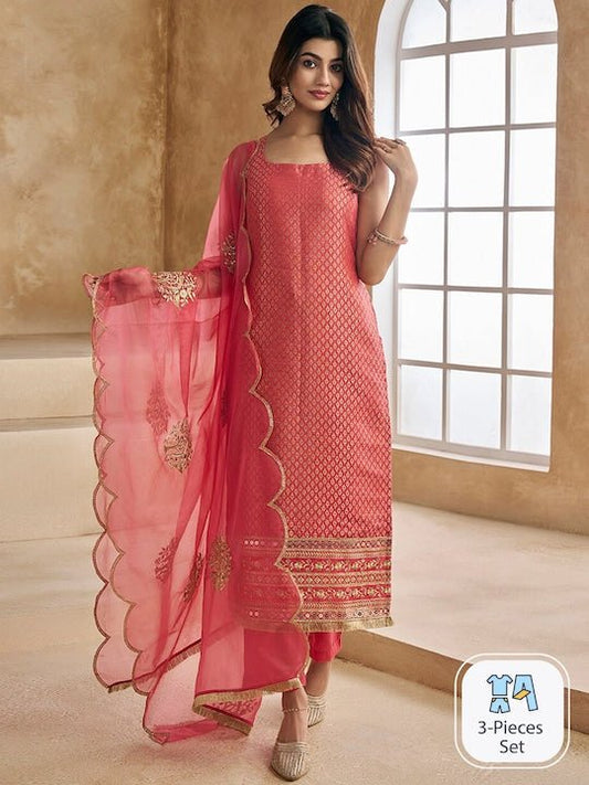 Peach-Coloured Woven Design Thread Work Straight Kurta & Trousers With Dupatta