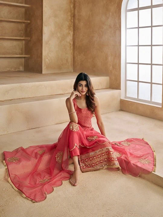 Peach-Coloured Woven Design Thread Work Straight Kurta & Trousers With Dupatta