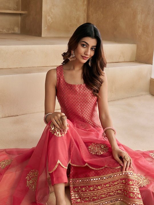 Peach-Coloured Woven Design Thread Work Straight Kurta & Trousers With Dupatta
