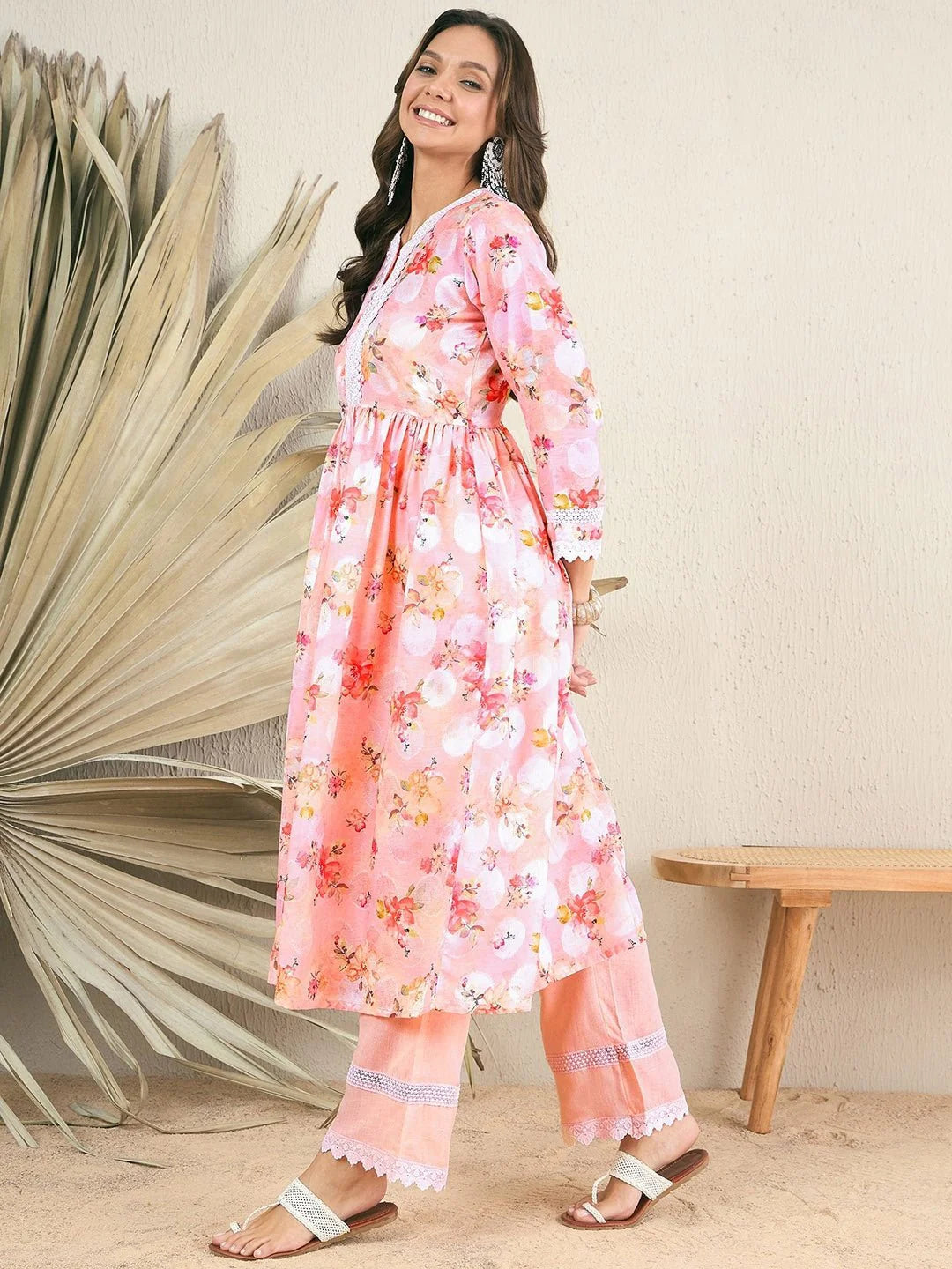 Peach & white Floral Printed Pleated Chikankari A-Line Kurta With Palazzos